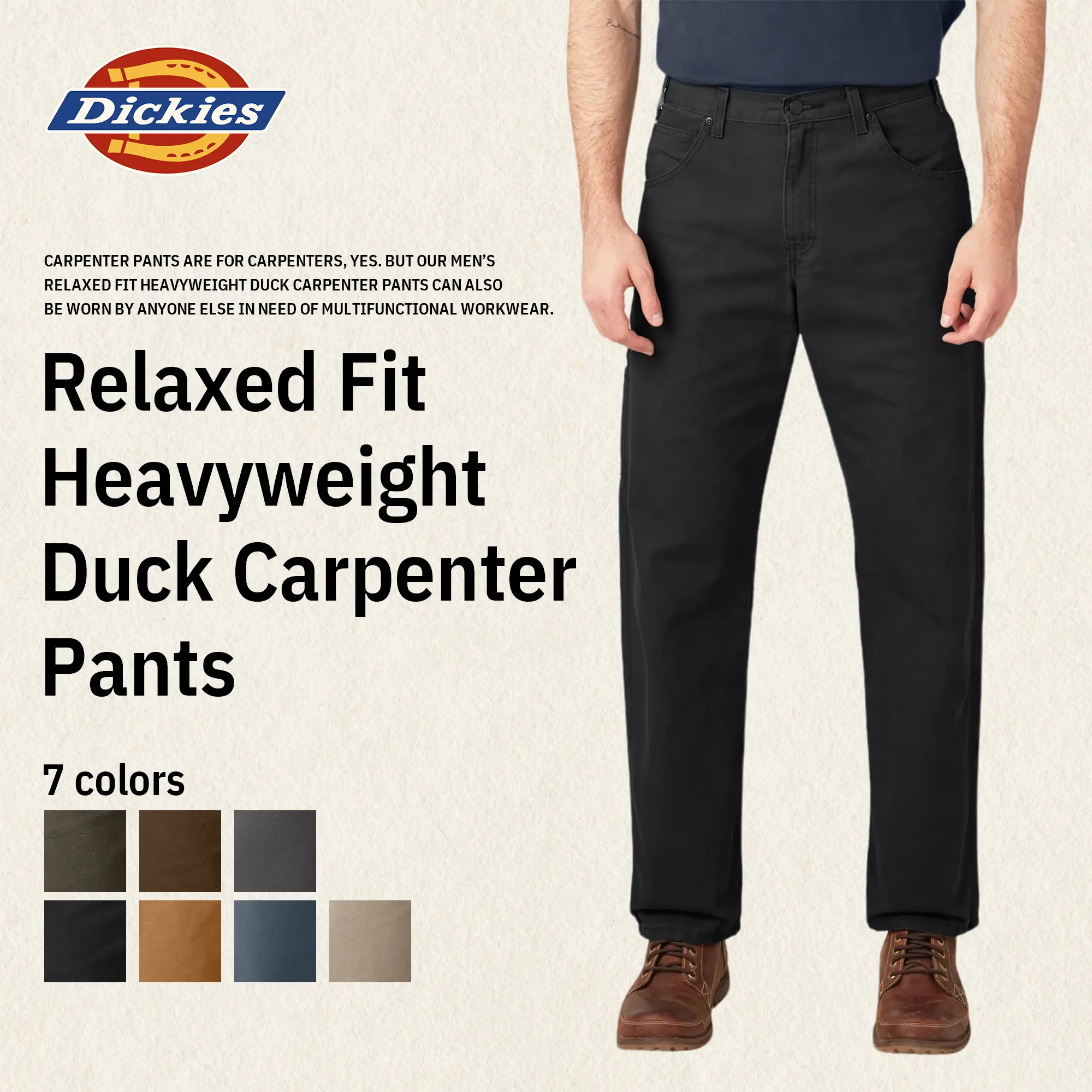 Dickies Relaxed Fit Heavyweight Duck Carpenter Pants,100% Cotton, Utility Pockets, Straight Leg, Hammer Loop, Reinforced Seams,Rivets, Classic Workwear Style