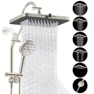 Hibbent Upgraded 13'' Shower Head Combo, High Pressure 5 Spray Rainfall Showerhead, 10 Spray Mode Handheld, All Metal Easy Reach 4-way Diverter with Pause Mode, 71'' Hose and Holder, Brushed Nickel