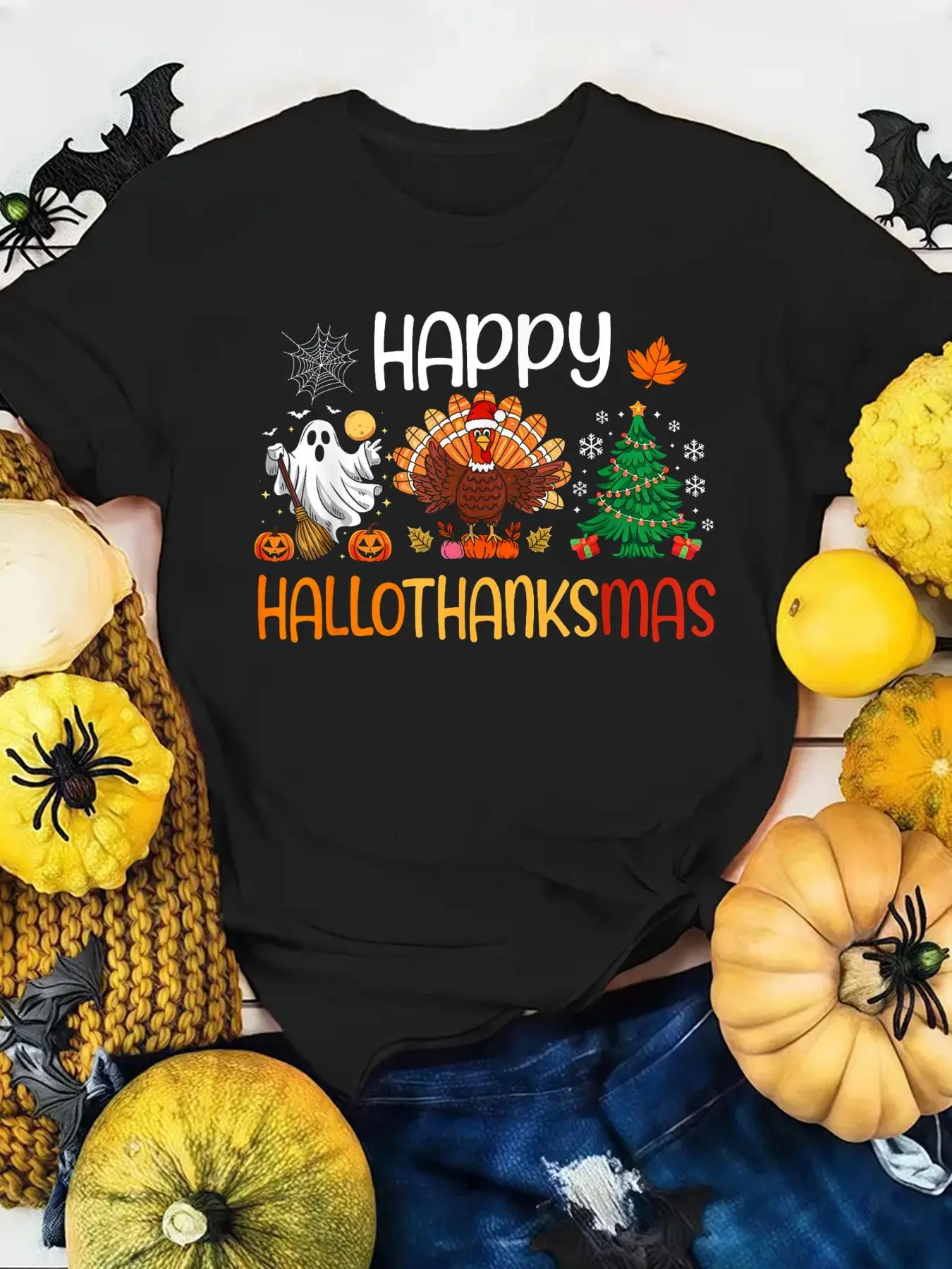 Women's Funny Hallothanksmas Cotton T-Shirt - Casual Loose Fit Shortsleeve Graphic Top, Round Neck Clothes, Flattering for Everyone, Machine Washable, Suitable for All Seasons Holiday Parties, Style