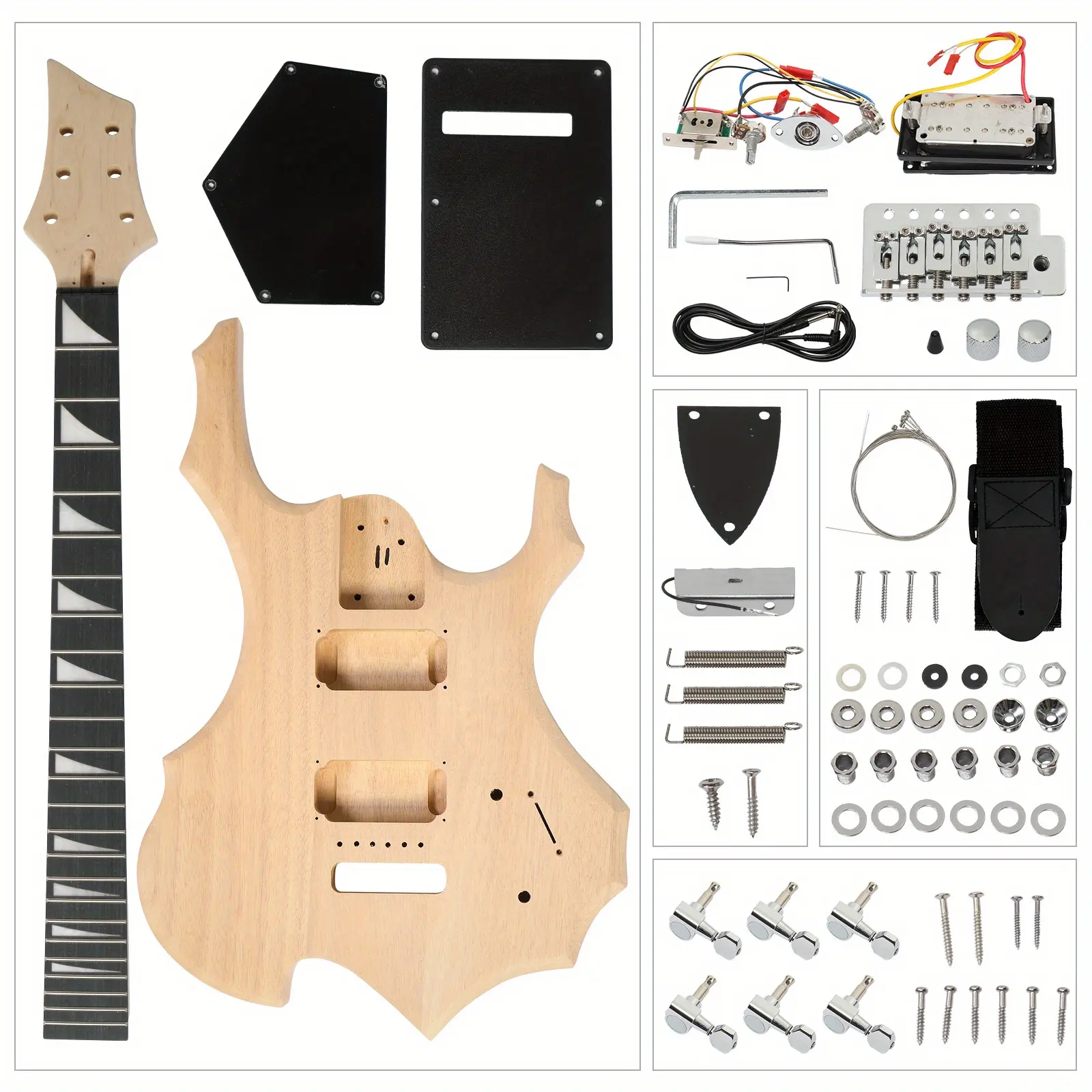 6-String Flame-Shaped Wooden Electric Guitar Assembly Kit - Mahogany Body, Maple Neck, 5-Way Switch, Tuning Pegs, 1 Wrench Tool, 17.7x12.9x1.65 In Dimensions, Accessories Included for DIY Lovers (Musical Instrument Enthusiasts' Project Kit)