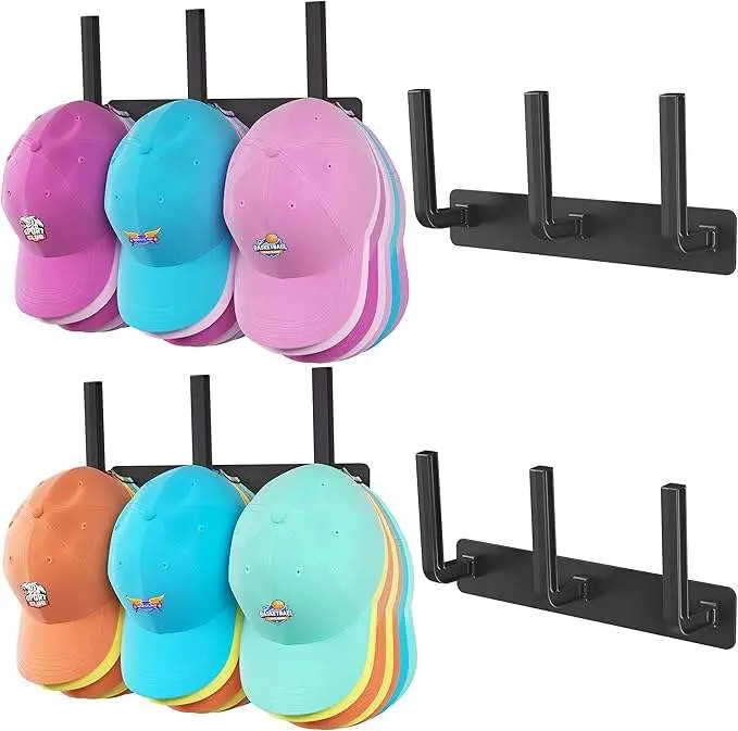 2 Pack Wall Mount Removable Long-Row Hat Hook, Multi-Purpose Baseball Cap Storage Organizer & Display Holder for Bedroom, Closet shelves