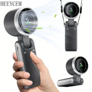 HEEYCEM Portable Handheld Turbine Fan, USB Rechargeable Fan with 5-speed Control, Foldable Personal Fan with Adjustable Neck Strap for Travel, Outdoors, Home and Office, Rechargeable Wearable Fan