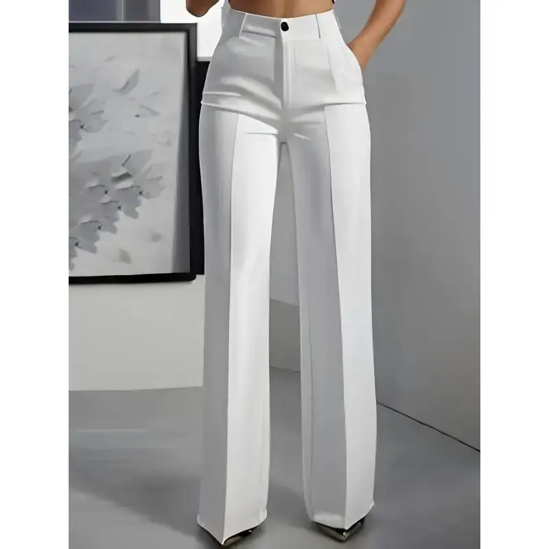Women's High-Waisted Opaque Straight Leg Pants - White Basic Lady Clothes, All-Season Formal Office Wear, Minimalist Chic Outfits, Trousers
