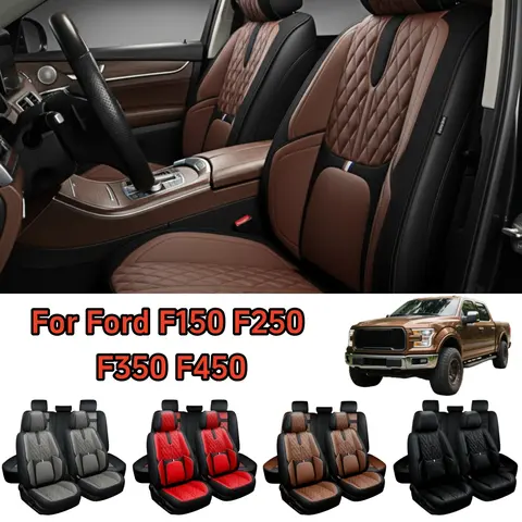For Ford F150 F250 F350 F450 2009-2020 2021 2022 2023 Pickup Trucks Car Seat Covers Full Set, [Thicken Upgraded] Premium NAPA Leather Front Rear Seat Cushion Pad Non-slip Protector Mat Waterproof, Full Surround Design with Storage Bag, Split Rear Benches,