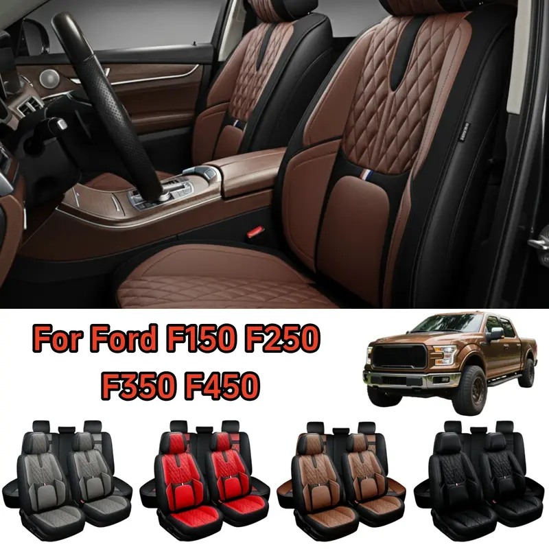 For Ford F150 F250 F350 F450 2009-2020 2021 2022 2023 Pickup Trucks Car Seat Covers Full Set, [Thicken Upgraded] Premium NAPA Leather Front Rear Seat Cushion Pad Non-slip Protector Mat Waterproof, Full Surround Design with Storage Bag, Split Rear Benches
