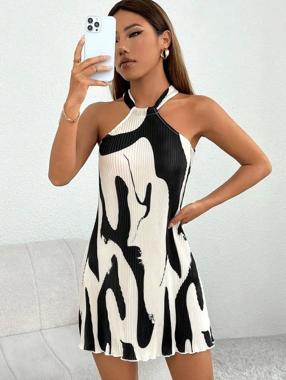 PETITE Graphic Print Lettuce Trim Halter Short Summer Dress ,Petite Women