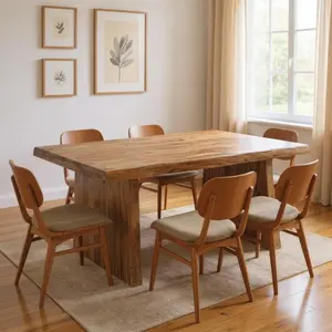 212 MAIN Mid-Century Rectangular Solid Wood Double Pedestal Base Live Edge Dining Table - Wooden Tabletop, 30x74x38in, Seats 6, Full Assembly, Natural Variation, Wooden Table
