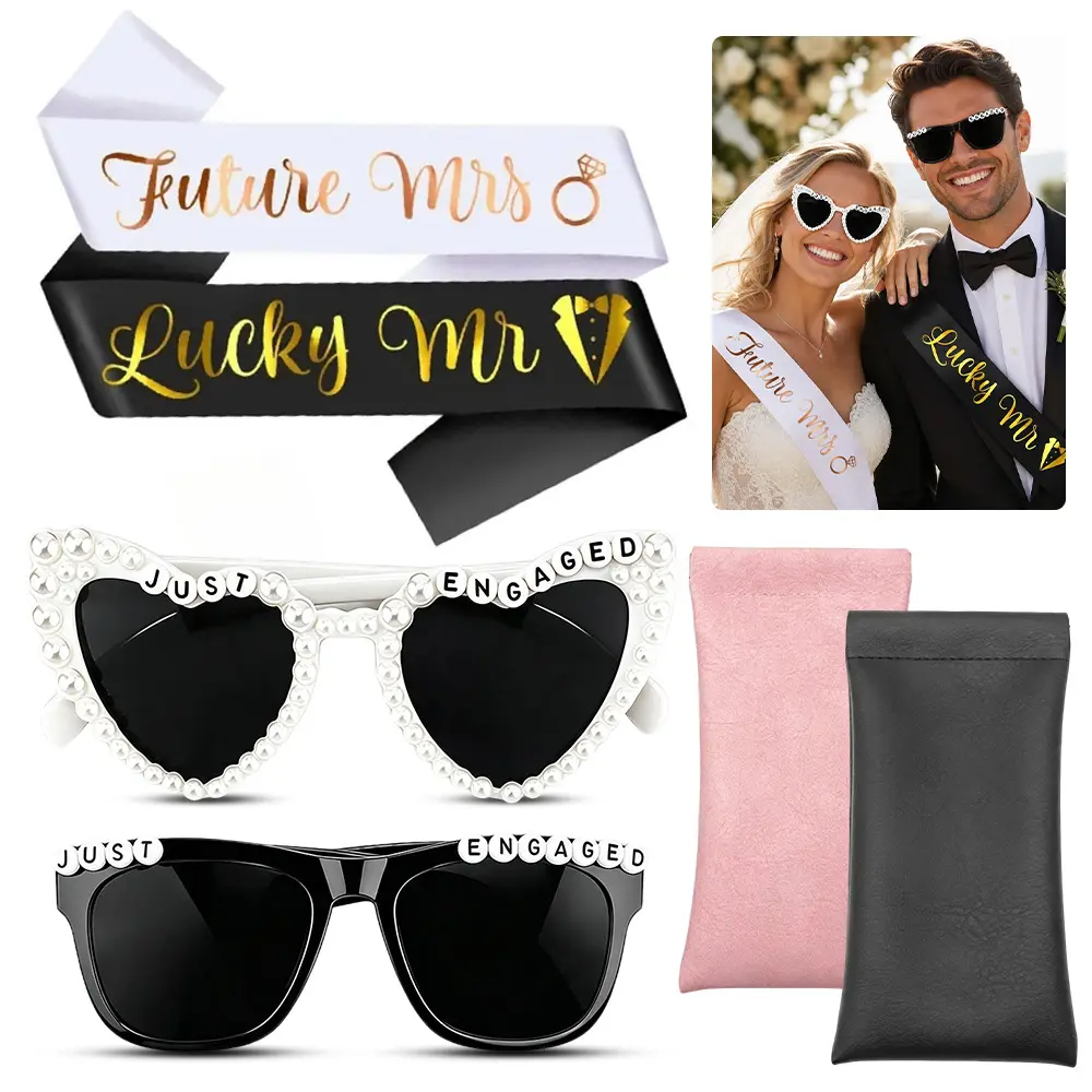 6Pcs Just Engaged Party Sunglasses Decor Kit, Matching Satin Sash & PU Glasses Case Included, Cute Photo Prop Eyewear Accessories for Bachelorette Engagement Wedding Celebration Party Supplies ﻿