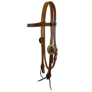 Argentina Cow Leather Browband Headstall With Round Engraved Overlay Buckles