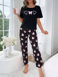 Women Sleepwear Pajama Set Butterfly & Heart Print Two-Piece Loungewear, Casual Short Sleeve Top + Long Pants Homewear, Comfortable Sleepwear for Women, Pajamas Sleepwear, Soft Lounge Sets