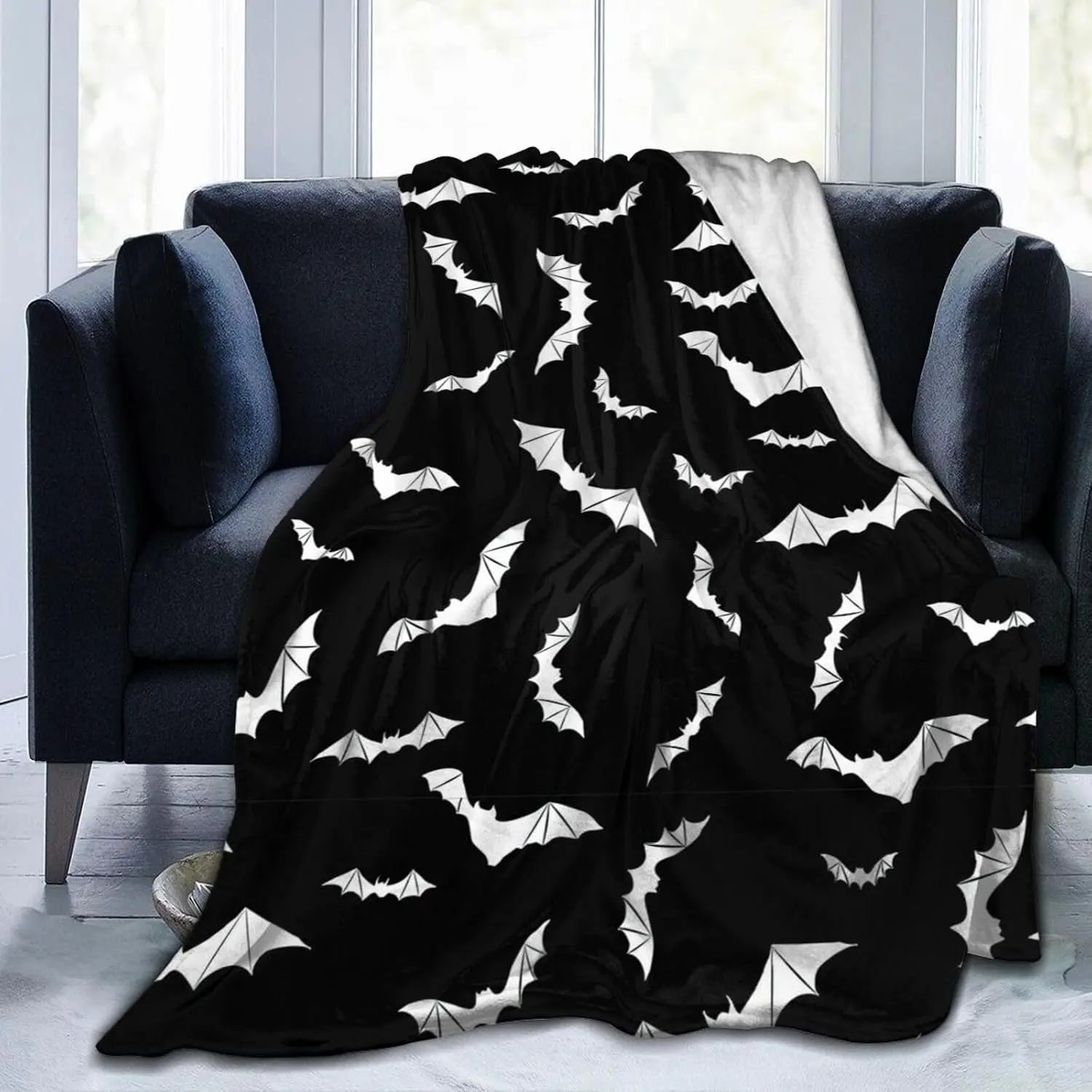 Black Background White Flying Bat Silhouette Seamless Pattern Reversible Double Sided Fleece Blanket Gothic Minimalist Halloween Throw Ultra Soft Flannel Bedding Dark Aesthetic Spooky Home Decor Gift