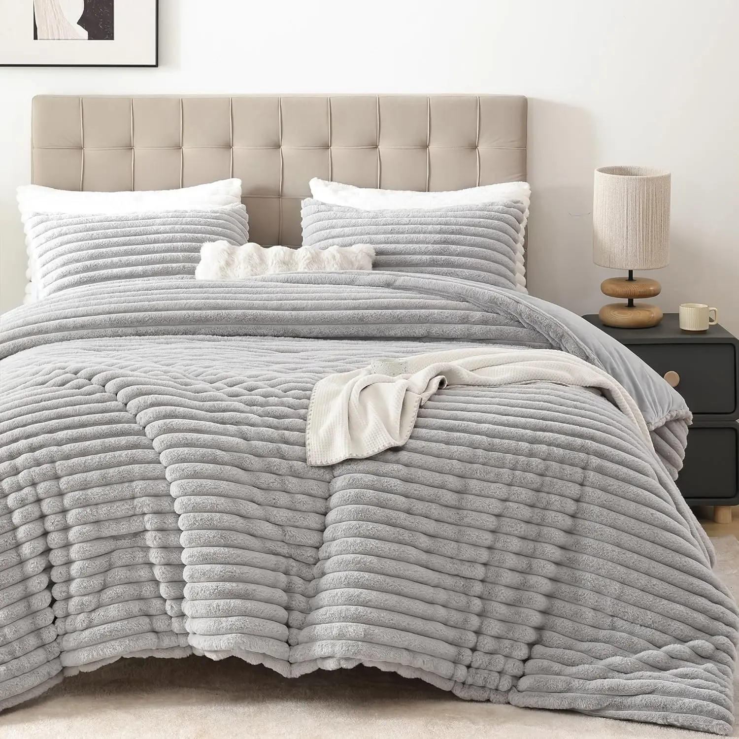 Fluffy Queen Comforter 3 - Light Grey Fluffy Comforter Queen, Fuzzy Queen, Warm Comforter, Heavy Queen with 2 Pillow Cases
