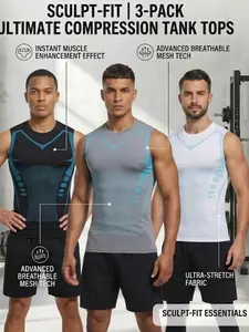 1/3 Counts Men's Sports Tight Fitting Vest, Technology Printed Basketball Shaping Tank, Training Base Quick Drying Elastic Wide Shoulder Breathable Top, Compressing Shapewear Tee, Tummy Control Gym Corset, Suitable For Spring and Summer Gifts