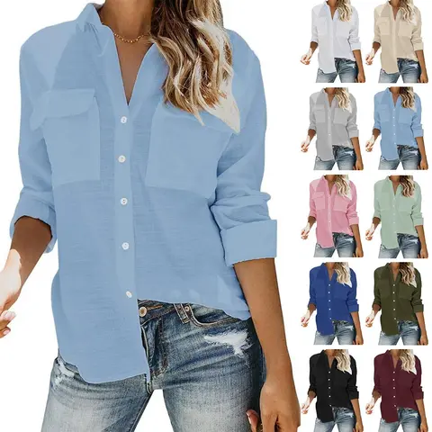 Imily Bela Womens Button Down V Neck Shirts Long Sleeve Blouse Roll Up Cuffed Sleeve Casual Work Plain Tops with Pocket
