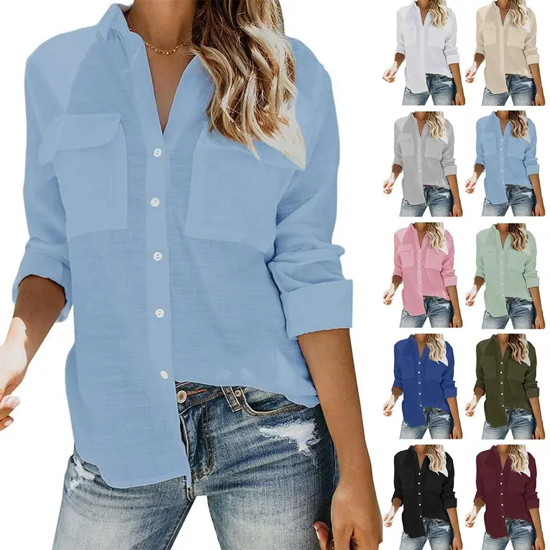 Imily Bela Womens Button Down V Neck Shirts Long Sleeve Blouse Roll Up Cuffed Sleeve Casual Work Plain Tops with Pocket