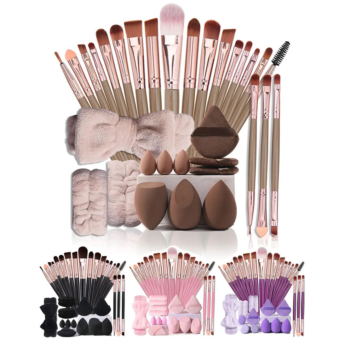 32PCS Travel Ready Complete Makeup Kit 20 Professional Cosmetic Brushes 6 Assorted Sponges And Powder Puffs Multi Texture Beauty Tools Matching Hairband And Wristbands All In One Portable Cosmetic Applicator Set For Daily Makeup Application