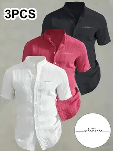 3-Pack Men's Summer Short Sleeve Shirts, Breathable Solid Collar Button-Up, Ideal for Beach Pool, Casual Swimwear, Perfect for Summer, Top