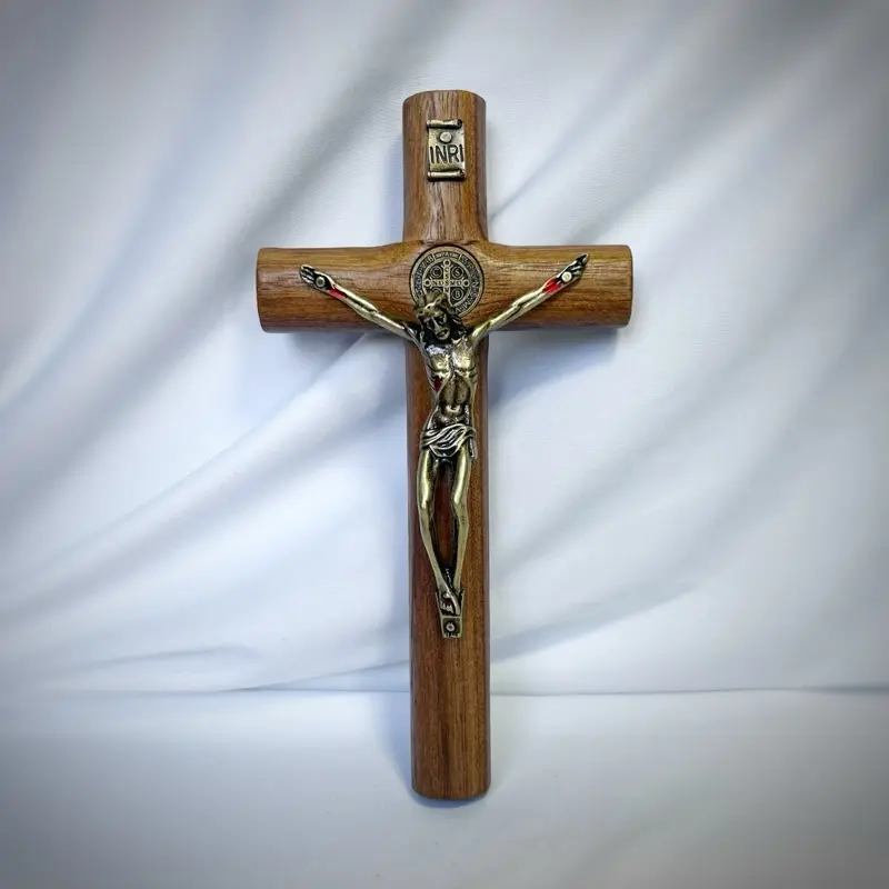 St. Benedict Wall Crucifix | Solid Brazilian Walnut Wood Cross with Antique Gold Corpus | Catholic Wall Crucifix | Benedict Medal Cross