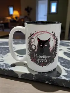 Rebellious and Feral Mug 15oz Black Cat Coffee Cup Gothic Witchy Ceramic Mug with Roses & Moon Design for Coffee Tea or Potion