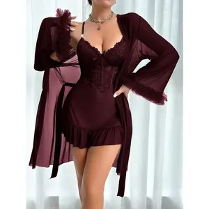 Women’s sheer basic nightwear featuring a fishbone-style cinched waist lace cami nightdress and wide-sleeve mesh robe—sheer, slim-fit design suitable for daytime lounging