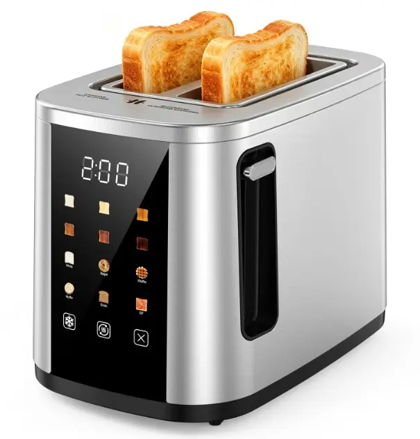 2 Slice Toaster, LED Touchscreen, Stainless Steel，Wide Slot, 800W, 6 Bread Modes, Auto Timer, Kitchen Essential