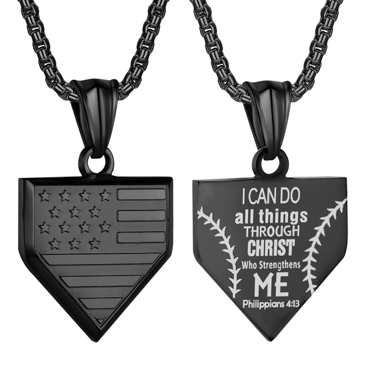 Baseball Home Plate Necklace For Men Flag Shield Pendant Stainless Steel Chain 22+2 Inch Inspirational Patriotic Personalized Gift