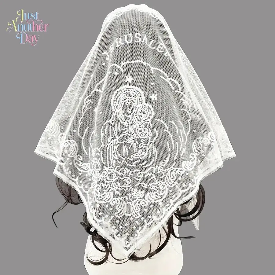 White Lace Chapel Veil with Virgin Mary Embroidery, Catholic Church Headscarf, Jerusalem Inspired Prayer Head Covering