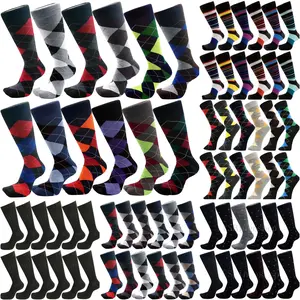USBingoshop 12 Pack Men's Cotton Argyle Striped Solid Ribbed Black Crew Dress Socks Superior Quality Fashion Wedding Business Casual Elegant Stylish Formal Socks for Men