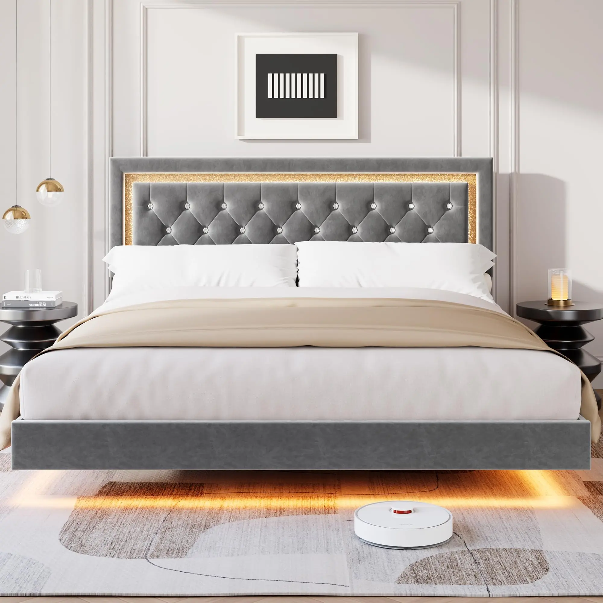 Modern Floating Platform Bed Frame with Smart LED Lighting, Diamond Upholstered Headboard, Sturdy Wood Slats, Noise-Free Design, Easy Assembly, No Box Spring Needed, Storage Bed Functionality, Ideal for Modern Bedrooms, Enhances Floating Aesthetic