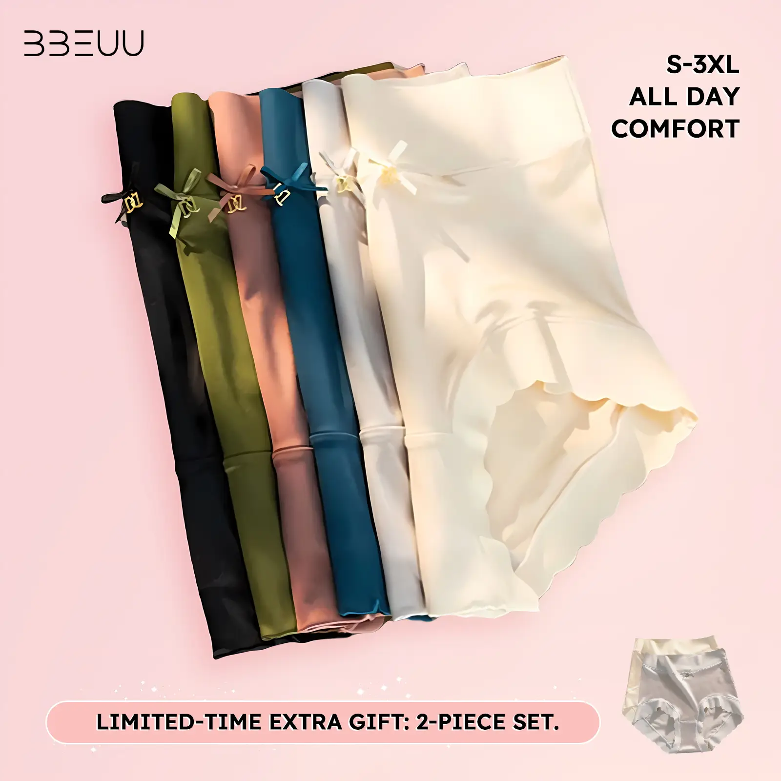 BBEUU Women's 6PCS Panties + 2 FREE Silky Satin High-Waisted Panties - Seamless Invisible Breathable Underwear for Everyday Comfort with Wavy Edges