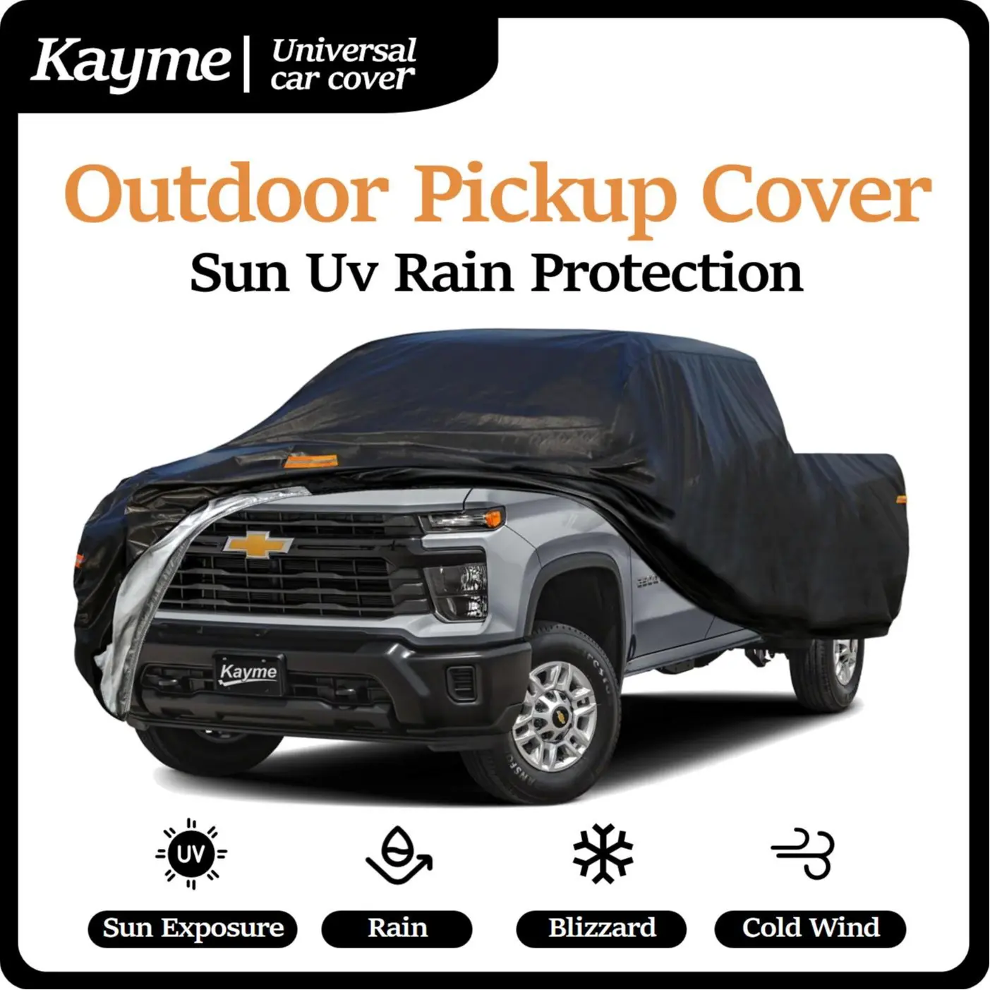 Kayme 6-Layer Pickup Truck Cover - Black & Silver, Waterproof Heavy Duty All Season Cover, Universal Fit for F150, Silverado, Ram (144-262", Max Cab L 154", XXL Max L 250"), Sun Protection, UV Protection, Rain Shield, Father's Day Gift, Car Protector