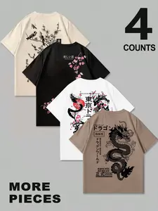 Men's Tokyo Dragon Cherry Blossom Print Round Neck Short Sleeve T-Shirt, Casual Comfortable Summer Outdoor Wear, Soft Easy Care Fabric, Streetwear Clothes