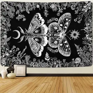 Aesthetic Butterfly Tapestry Plants Flowers Tapestries Boho Moth Tapestry Moon Garden Tapestry Black and White Tapestry Wall Hanging for Bedroom Dorm(51.2 x 59.1 inches)