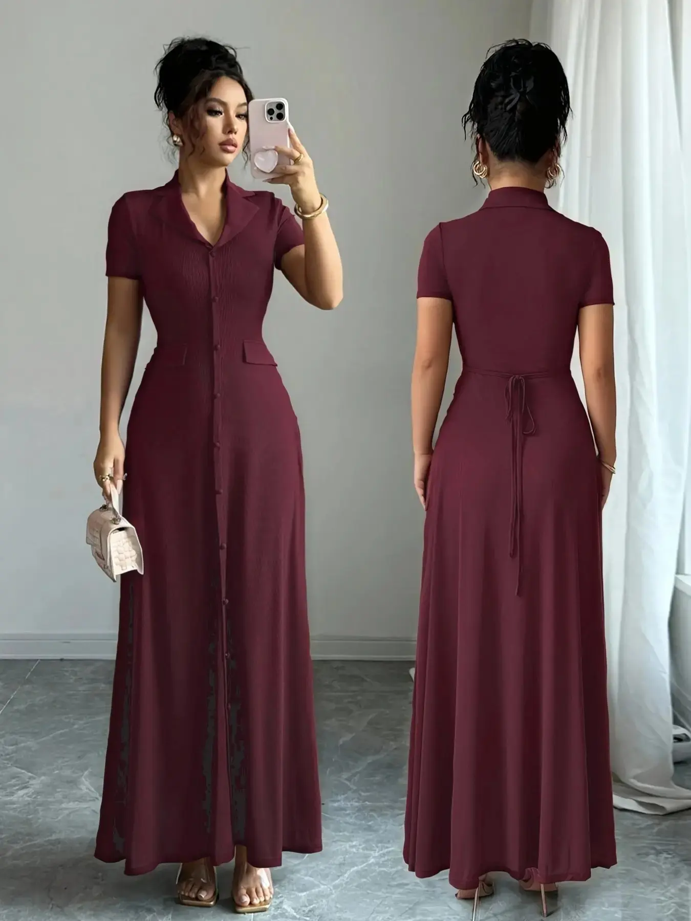 Wine Ribbed Knit Long Dress, Stand Collar, Collared, Front Button, Adjustable Tie Waist, Short-Sleeve Fit, Elegant Women's Fashion Style, Casual Wear