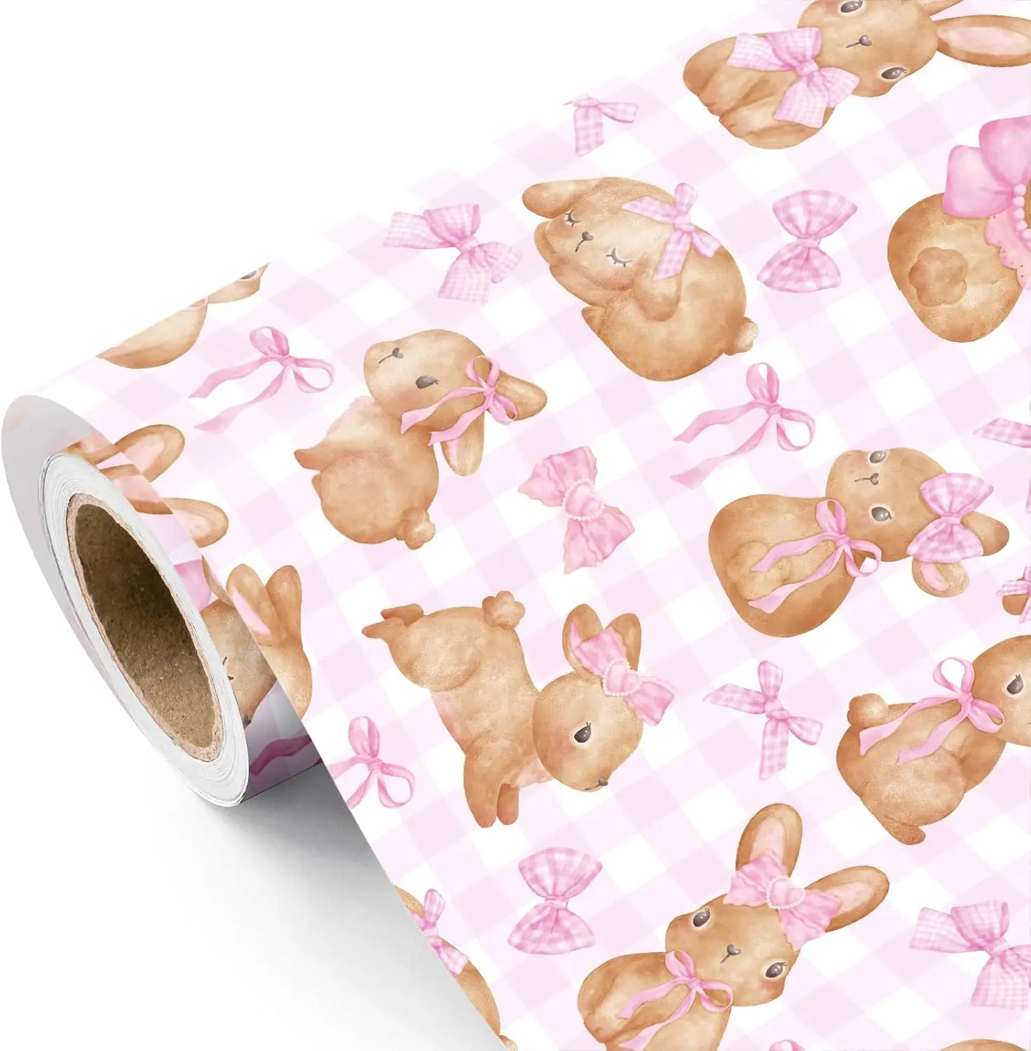 WRAPAHOLIC Bunny Wrapping Paper Roll - Mini Roll - 17 Inch x 16.5 Feet - Cute Rabbit and Pink Bow Wrapping Paper for Girls Birthday, Baby Shower, Wedding, Easter, Spring Party