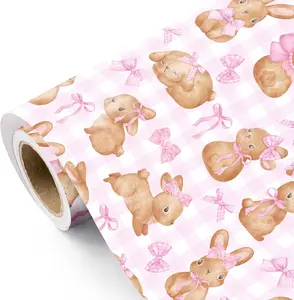 WRAPAHOLIC Bunny Wrapping Paper Roll - Mini Roll - 17 Inch x 16.5 Feet - Cute Rabbit and Pink Bow Wrapping Paper for Girls Birthday, Baby Shower, Wedding, Easter, Spring Party