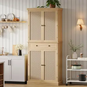 72in Tall Kitchen Pantry  Rattan Doors Pantry Cabinet with 1 Drawer and 4 Adjustable Shelf  Wood Storage Cabinet Cupboard for Kitchen  Dining Room