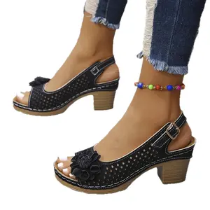 Spring Summer High Heeled Sandals for Women One Strap Hollow Floral Sandals Peep Toe Chunky Heel Sandals