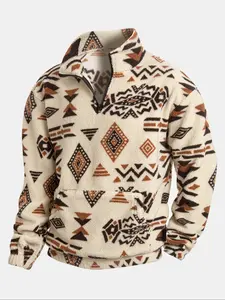 Men's Flannel Ethnic Geometric Print Hoodie Sweatshirt High Neck Long Sleeve Half Zip Fitted Pullover Pocket Warm Autumn Winter Casual Sportswear 2026 Breathable Soft Cozy Lightweight Trendy Home Outdoor Streetwear Hip Hop Jogging