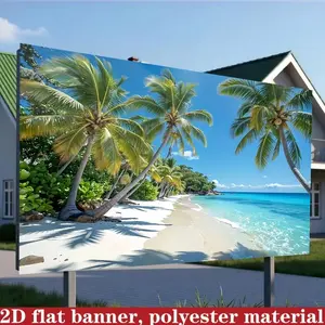 2D Flat 1PC Polyester Tropical Coconut Palm Seaside Beach Backdrop Banner, Blue Sky Ocean Summer Island Scenery Photography Background, Indoor Outdoor Use, Ideal For Hawaii Vacation Luau Party, Beach Leisure Gathering, Pool Event Decoration