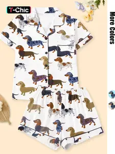 Women's Cartoon Dog Print Short Sleeve Pajamas Two-piece Set, Shorts Pajama Set, Casual Comfy Lapel Neck Button Design Pj Set for Daily Home Wear, Ladies Sleepwear for All Seasons, Loungewear, Pajama Sets