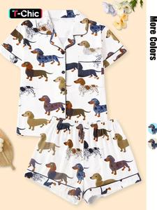 women's cartoon dog print short sleeve matching pajamas two-piece set, casual comfy lapel neck button design pj set for daily home wear, ladies sleepwear for all seasons, loungewear,  womenswear, pastel cute pajamas, breathable stylish pajama