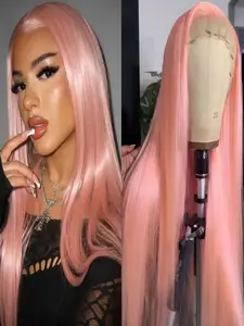 26 Inch Light Pink Wig, 13x4 Straight Synthetic Lace Frontal Wig, Heat Resistant Fiber, Pink Wig, Natural Hairline, Daily Wear, European & American Fashion Style, Party Wedding Use, Festival