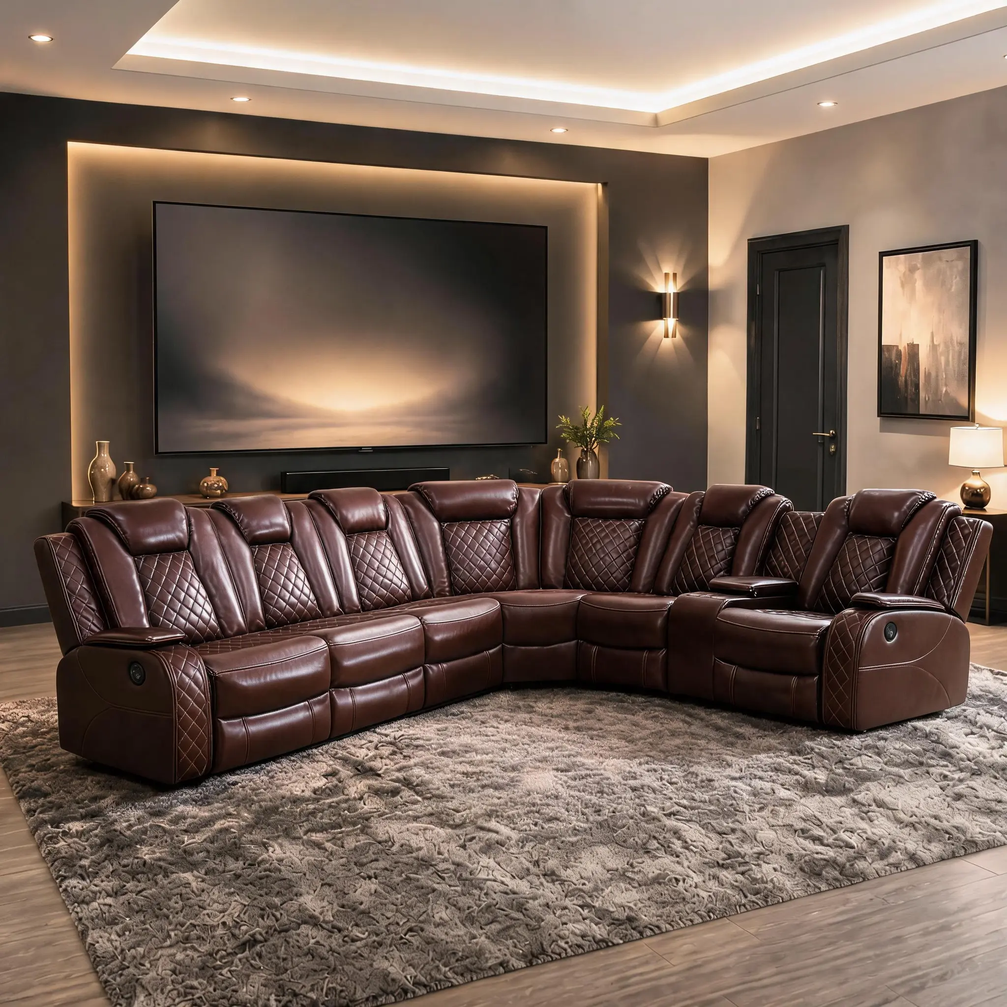 Ainehome Modern LED Red Breathing Electric Recliner 3-Piece  Sofa Set, Indoor Furniture , Storage Features, Breathable Design, Ambient LED Lighting, Cup-Holder & Wireless Charger Power Reclining Leather bedroom apartment l-shaped couc l-shape