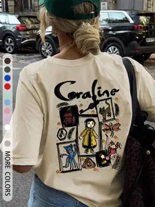 Women's Loose-Fit Round Neck T-Shirt, Coraline Cartoon Print, Soft Breathable Fabric, Summer Casual Fashion, Age 35-44, Knitted Pattern