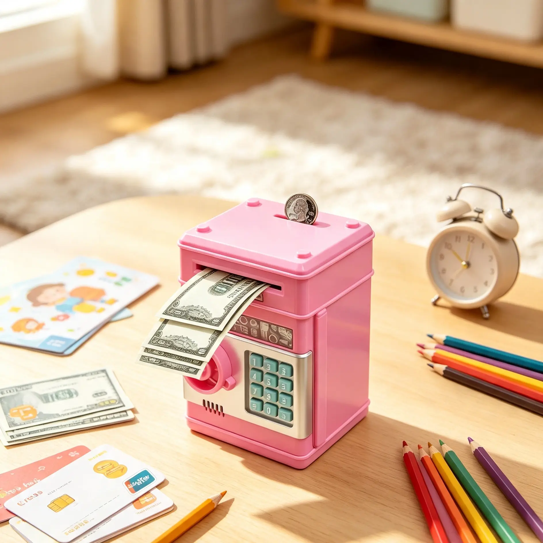 Cute Mini Electronic ATM Piggy Bank for Kids with Password Lock Safe Box, Auto Bill Rolling, Coin and Cash Slots, Indicator Light and Door Knob, Educational Savings Toy for Boys Girls Ages 3 to 13 for Birthday and Christmas Holiday.favorite gift