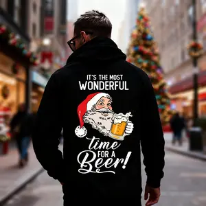 "It's The Most Wonderful Time For A Beer" Boozy Santa Graphic Hoodie - Edgy Festive Vibe, Comfy Fit for Holiday Parties, Christmas Gatherings & Casual Outings | Viral Fashion Essential for Humorous Christmas Enthusiasts
