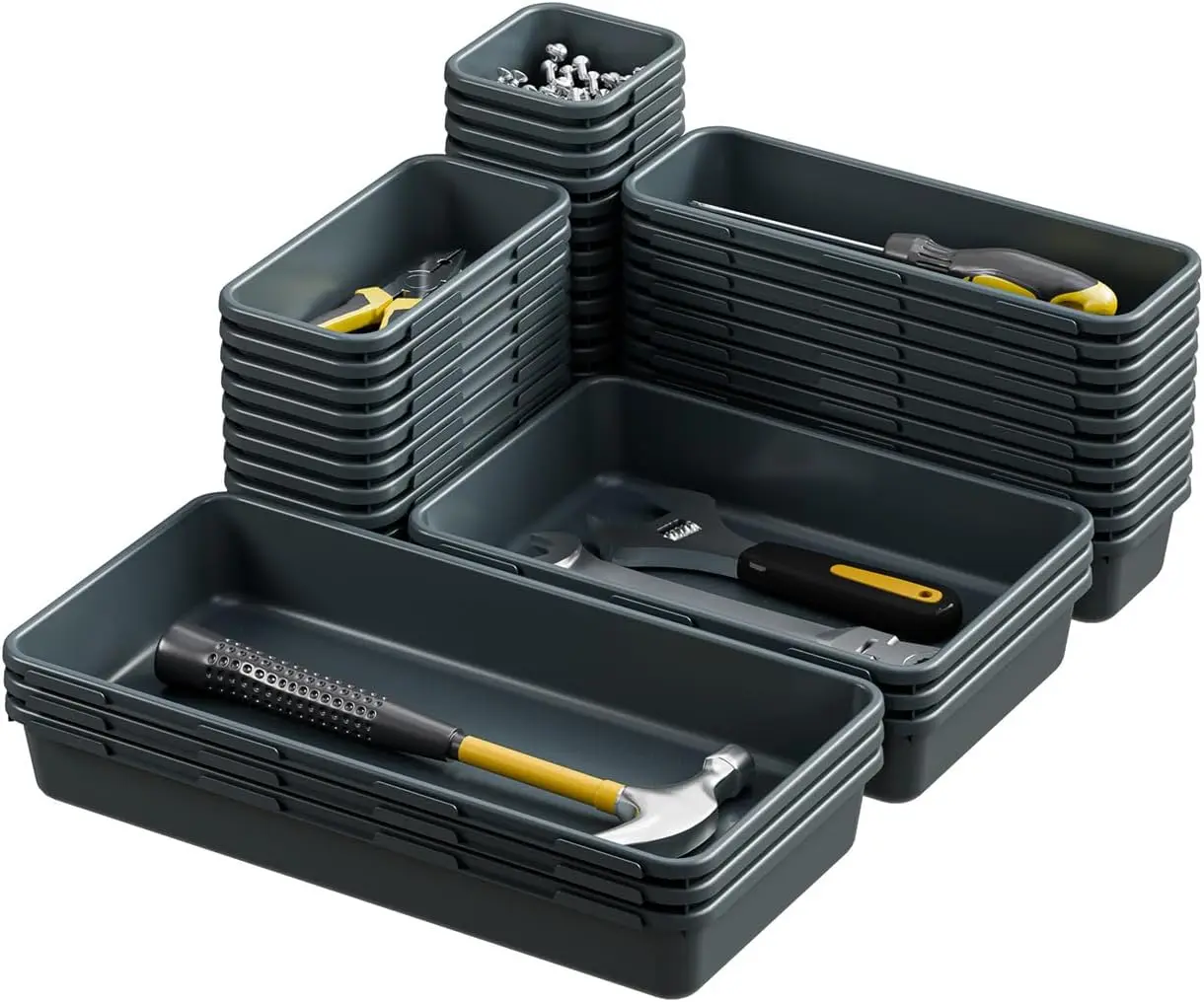 38 count Interlocking Desk Drawer Organizer Tray Divider Set, Plastic Black Desk Organizer Separator, Office Drawer Dividers Storage Bins for Office Bathroom Kitchen (38pcs 5Size)
