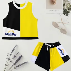 Twisted Tea Women’s Crop Top and Sport Shorts Set, Blue Yellow Tie Dye Summer Lounge Outfit, Gift for Her