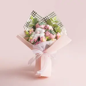 Knitted Crochet Flower Bouquet, Wool Yarn Faux Flower Arrangement, Cute Handmade Style Artificial Flowers for Room Decor, Mother’s Day, Valentine’s Day, Birthday Gift